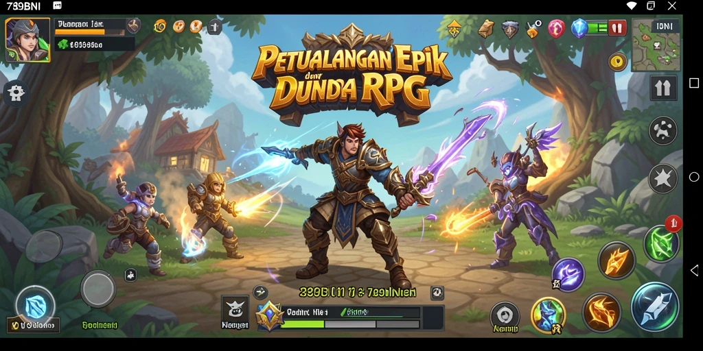Screenshot gameplay 789BNI menampilkan pertarungan epik dan dunia yang luas.