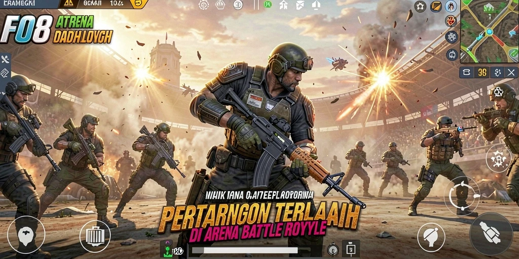 Screenshot utama FO8 menampilkan aksi Battle Royale yang mendebarkan.