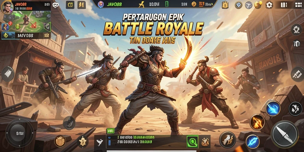 Tampilan seru gameplay JAVO88 dalam pertempuran Battle Royale.