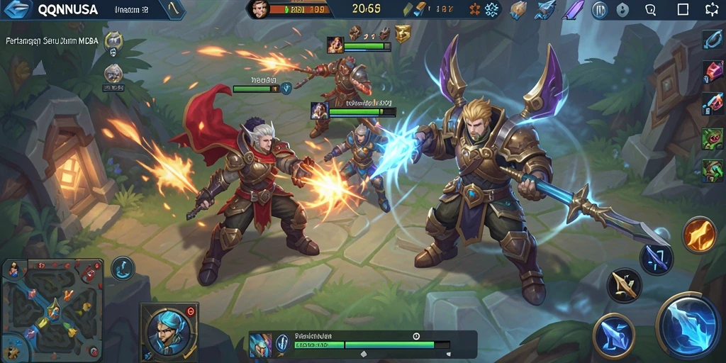 Tampilan screenshot gameplay QQNUSA dengan pertempuran MOBA yang intens.