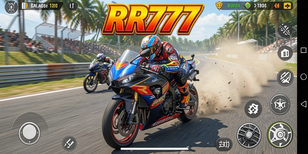 Screenshot gameplay RR777 yang menampilkan balapan mendebarkan.