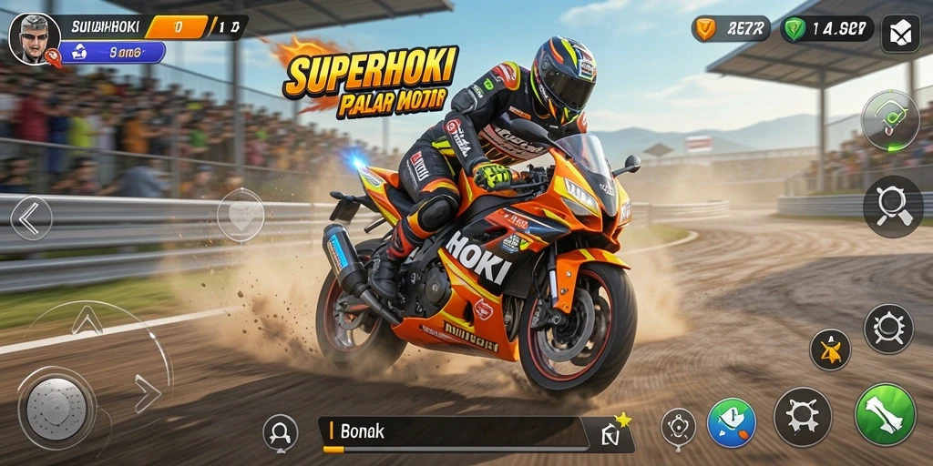 Screenshot utama SUPERHOKI menampilkan balapan motor yang mendebarkan.